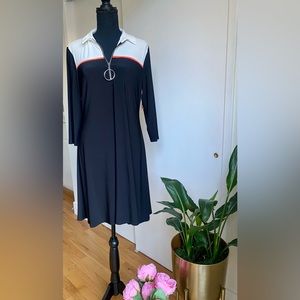 (NWOT) MSK front zip 3/4 sleeve, collar neck shift dress. Black/Cream/Orange